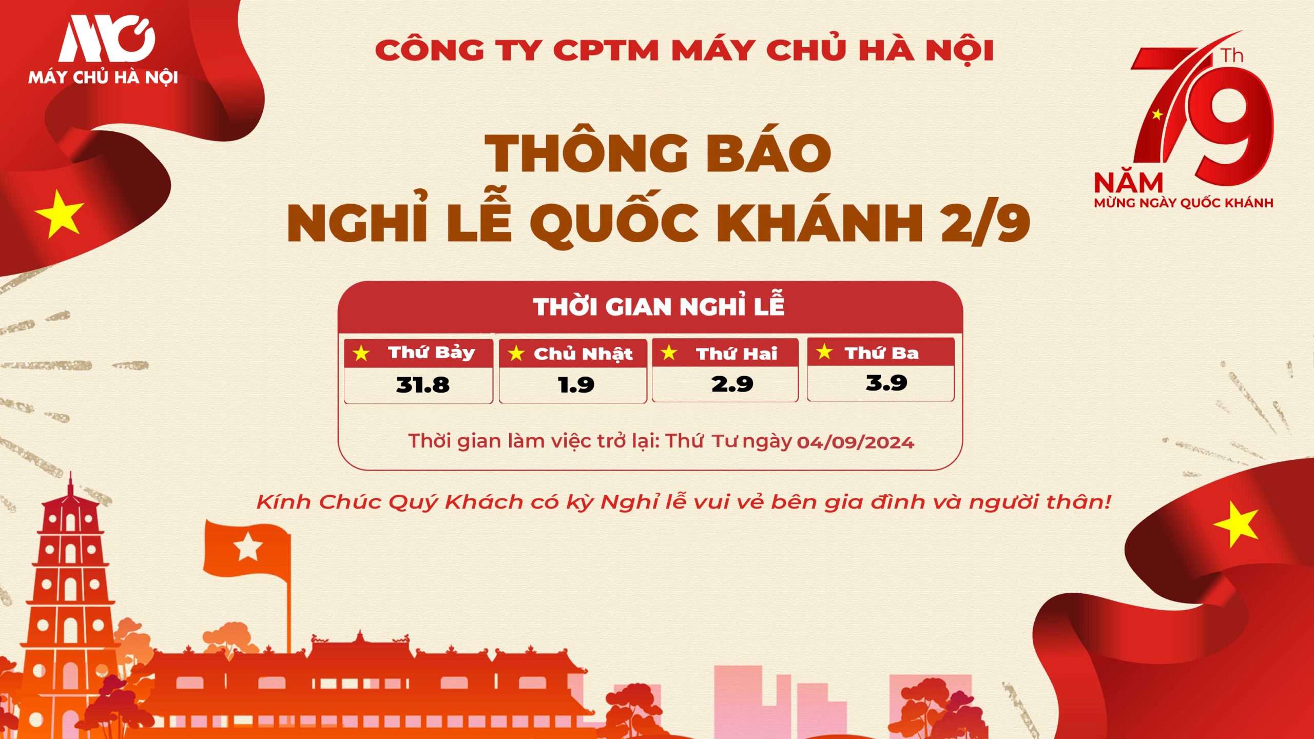 THÔNG BÁO LỊCH NGHỈ LỄ 2/9 NĂM 2024