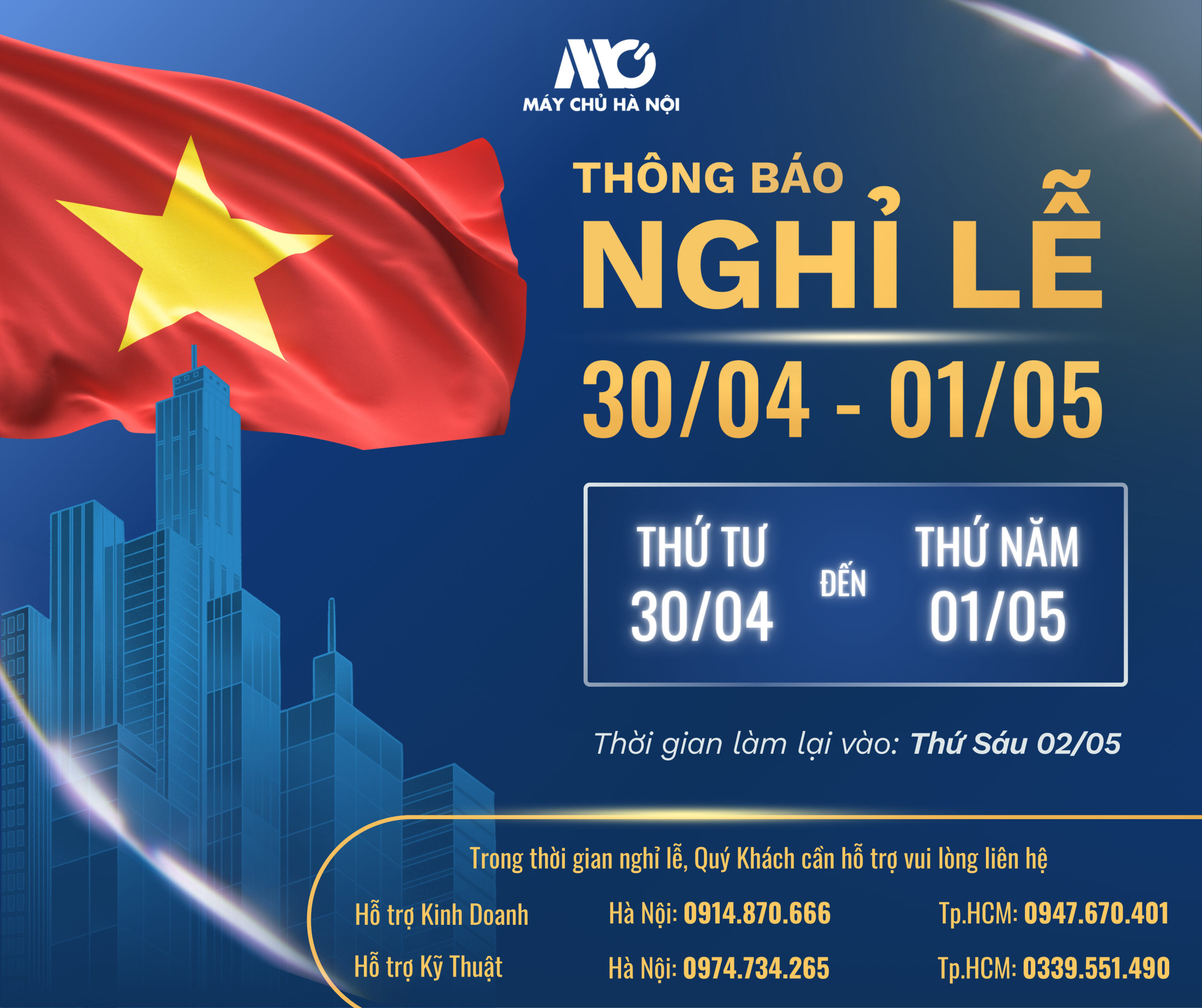 MÁY CHỦ HÀ NỘI THÔNG BÁO NGHỈ LỄ 30/4 & 1/5 NĂM 2025