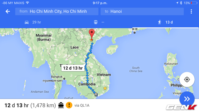 Google Maps chỉ đường đi bộ từ TP.HCM tới Hà Nội xuyên qua… 4 nước