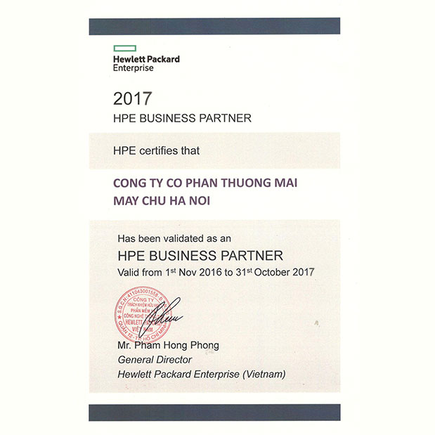 Máy Chủ Hà Nội đạt chứng nhận PARTNER HPE 2017 tại VIỆT NAM