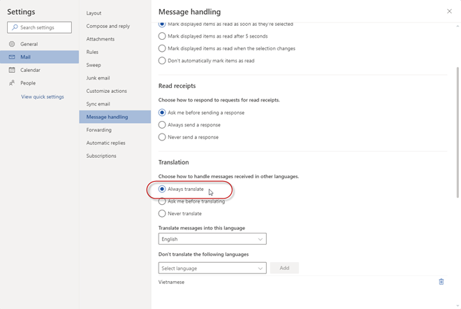 Cách tự động phiên dịch nội dung cho mail Outlook.com