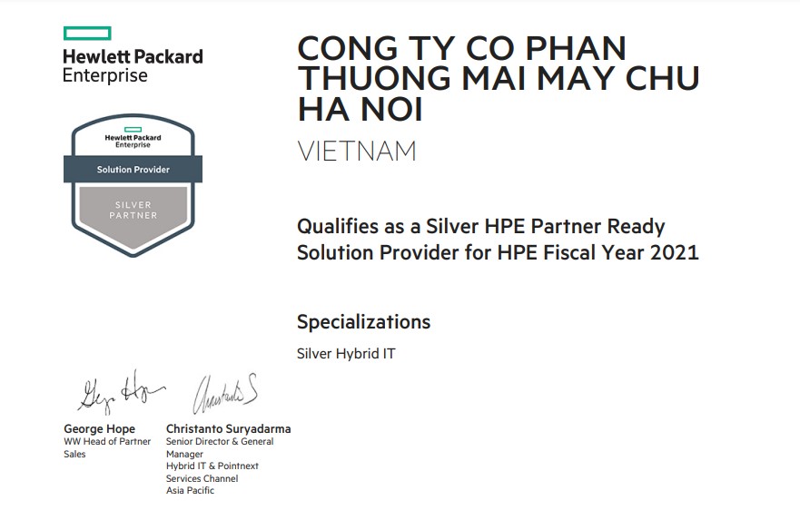 MÁY CHỦ HÀ NỘI ĐẠT CHỨNG NHẬN SLIVER PARTNER HPE 2021